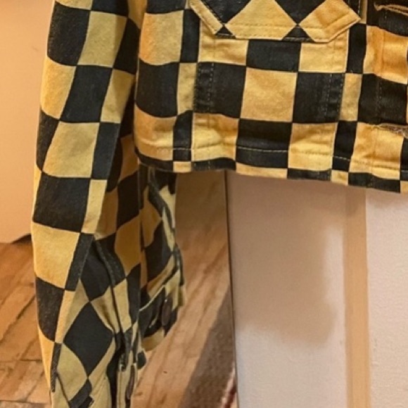 Black Yellow Checkered Cropped Jacket Button Close Button Cuffs Pockets Girls, 7 - Picture 3 of 3